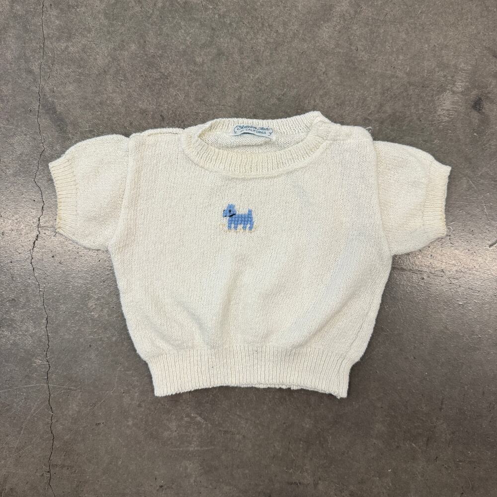 Vintage Y2k 90's Knit Cream Dog Embroidered Coastal Baby Youth Tee 12M